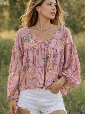 Bucketlist Pink Floral Boho Blouse Peasant Top Large 100% Cotton Cottagecore